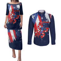 Personalized Puerto Rico American Couples Matching Puletasi and Long Sleeve Button Shirt Boricua Taino Frog