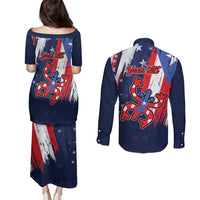 Personalized Puerto Rico American Couples Matching Puletasi and Long Sleeve Button Shirt Boricua Taino Frog
