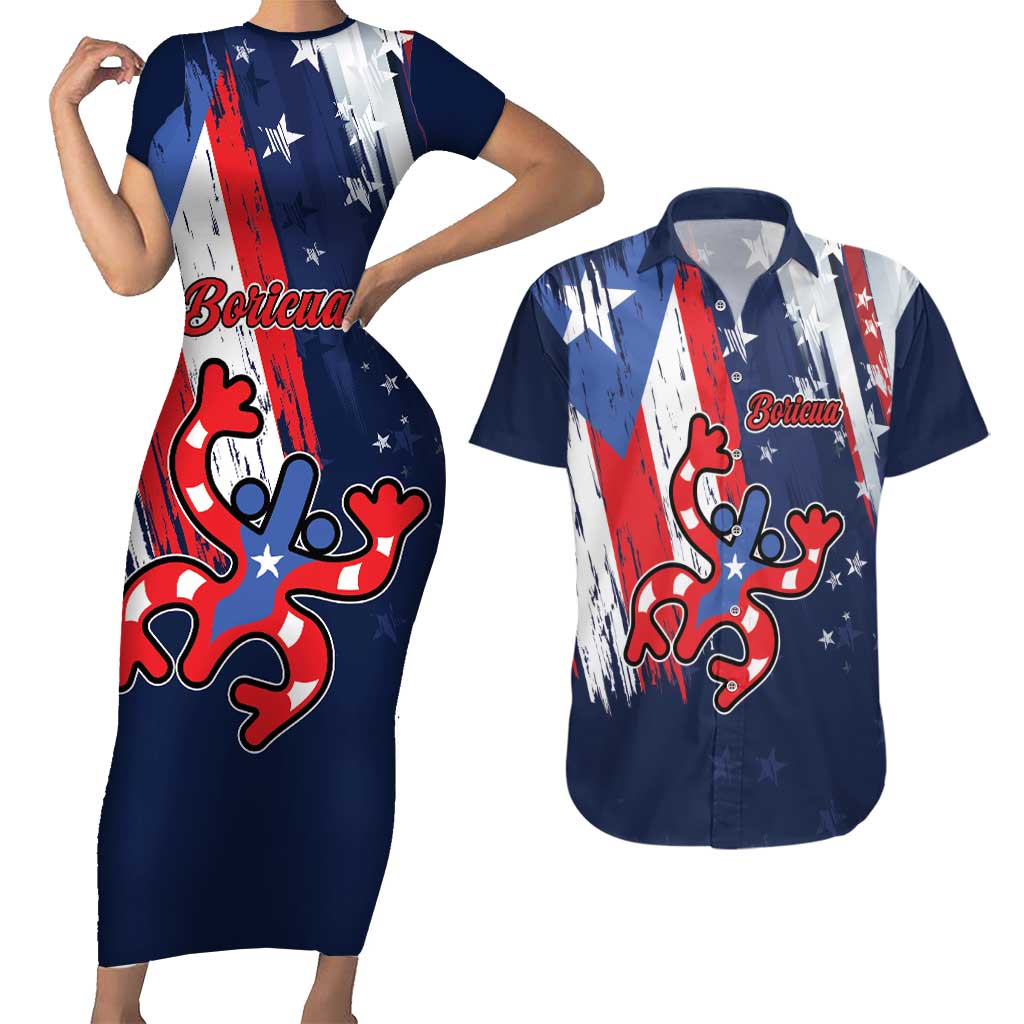 Personalized Puerto Rico American Couples Matching Short Sleeve Bodycon Dress and Hawaiian Shirt Boricua Taino Frog