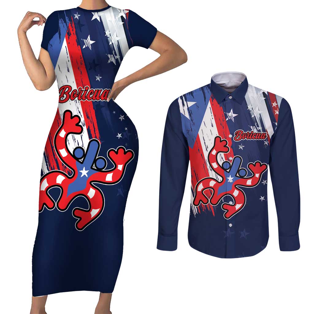 Personalized Puerto Rico American Couples Matching Short Sleeve Bodycon Dress and Long Sleeve Button Shirt Boricua Taino Frog