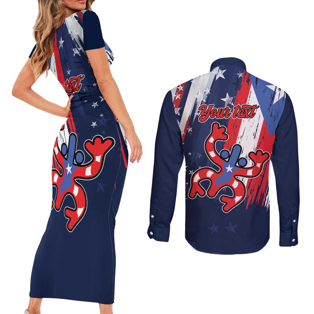 Personalized Puerto Rico American Couples Matching Short Sleeve Bodycon Dress and Long Sleeve Button Shirt Boricua Taino Frog