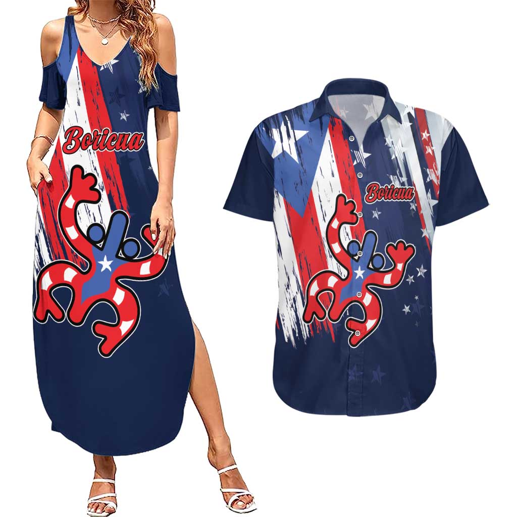 Personalized Puerto Rico American Couples Matching Summer Maxi Dress and Hawaiian Shirt Boricua Taino Frog