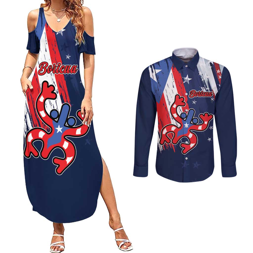 Personalized Puerto Rico American Couples Matching Summer Maxi Dress and Long Sleeve Button Shirt Boricua Taino Frog