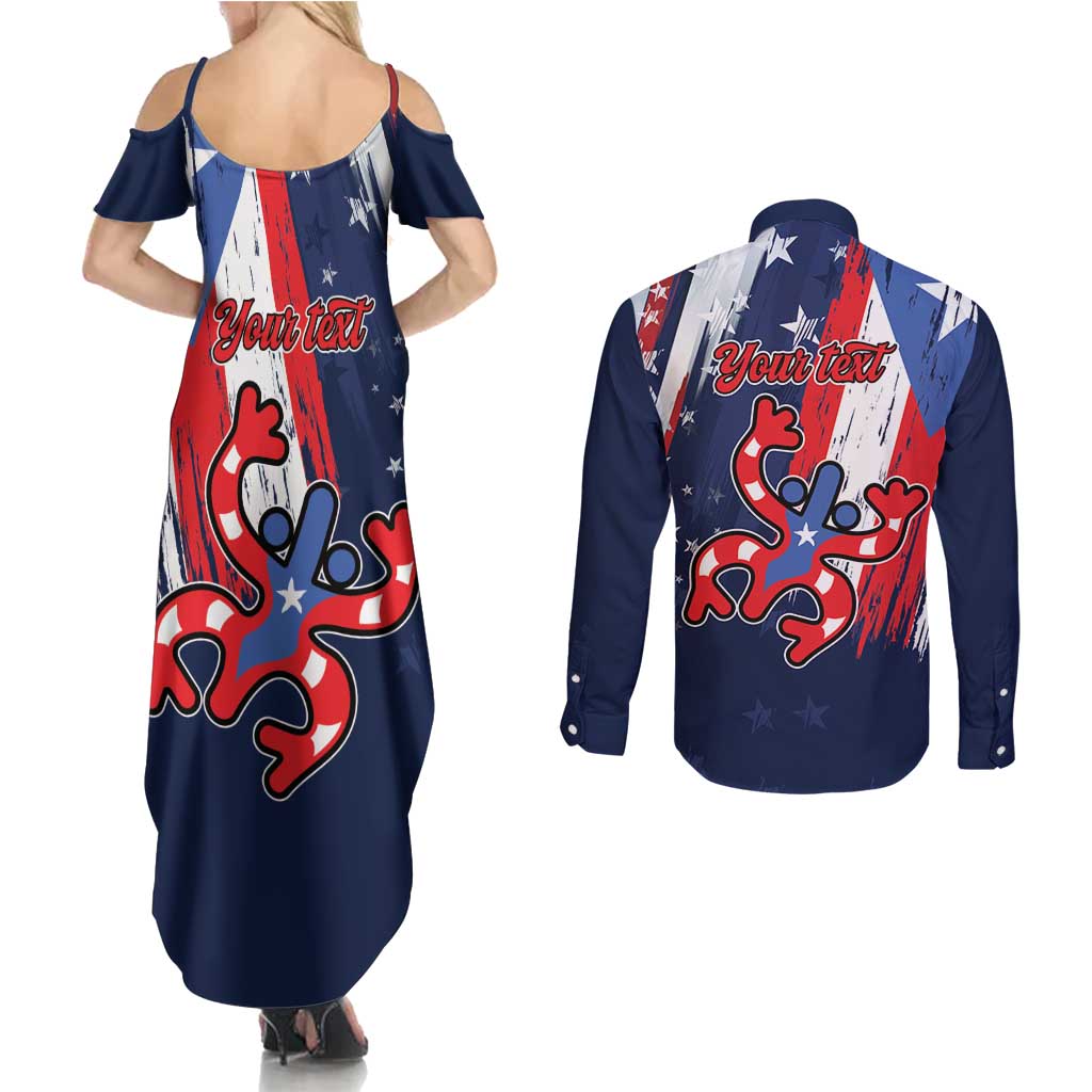 Personalized Puerto Rico American Couples Matching Summer Maxi Dress and Long Sleeve Button Shirt Boricua Taino Frog