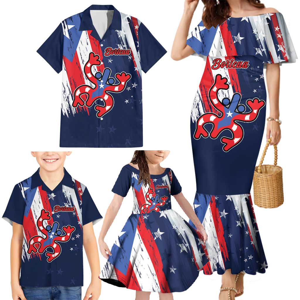 Personalized Puerto Rico American Family Matching Mermaid Dress and Hawaiian Shirt Boricua Taino Frog