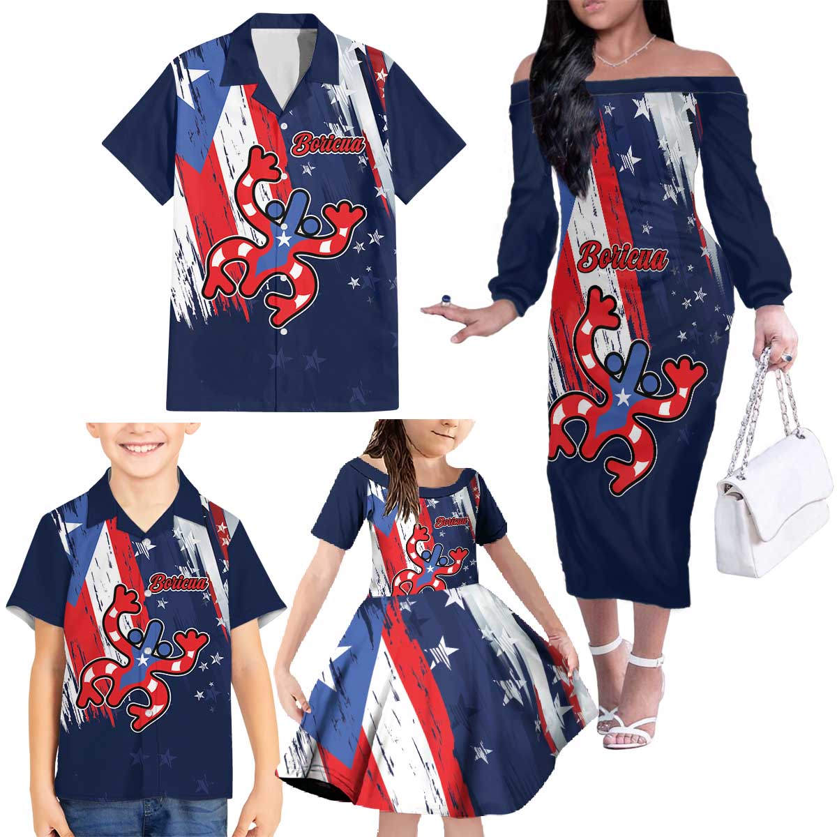 Personalized Puerto Rico American Family Matching Off The Shoulder Long Sleeve Dress and Hawaiian Shirt Boricua Taino Frog