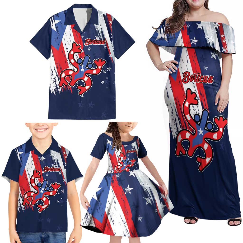 Personalized Puerto Rico American Family Matching Off Shoulder Maxi Dress and Hawaiian Shirt Boricua Taino Frog