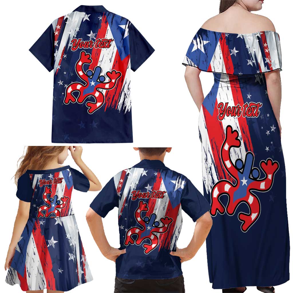 Personalized Puerto Rico American Family Matching Off Shoulder Maxi Dress and Hawaiian Shirt Boricua Taino Frog