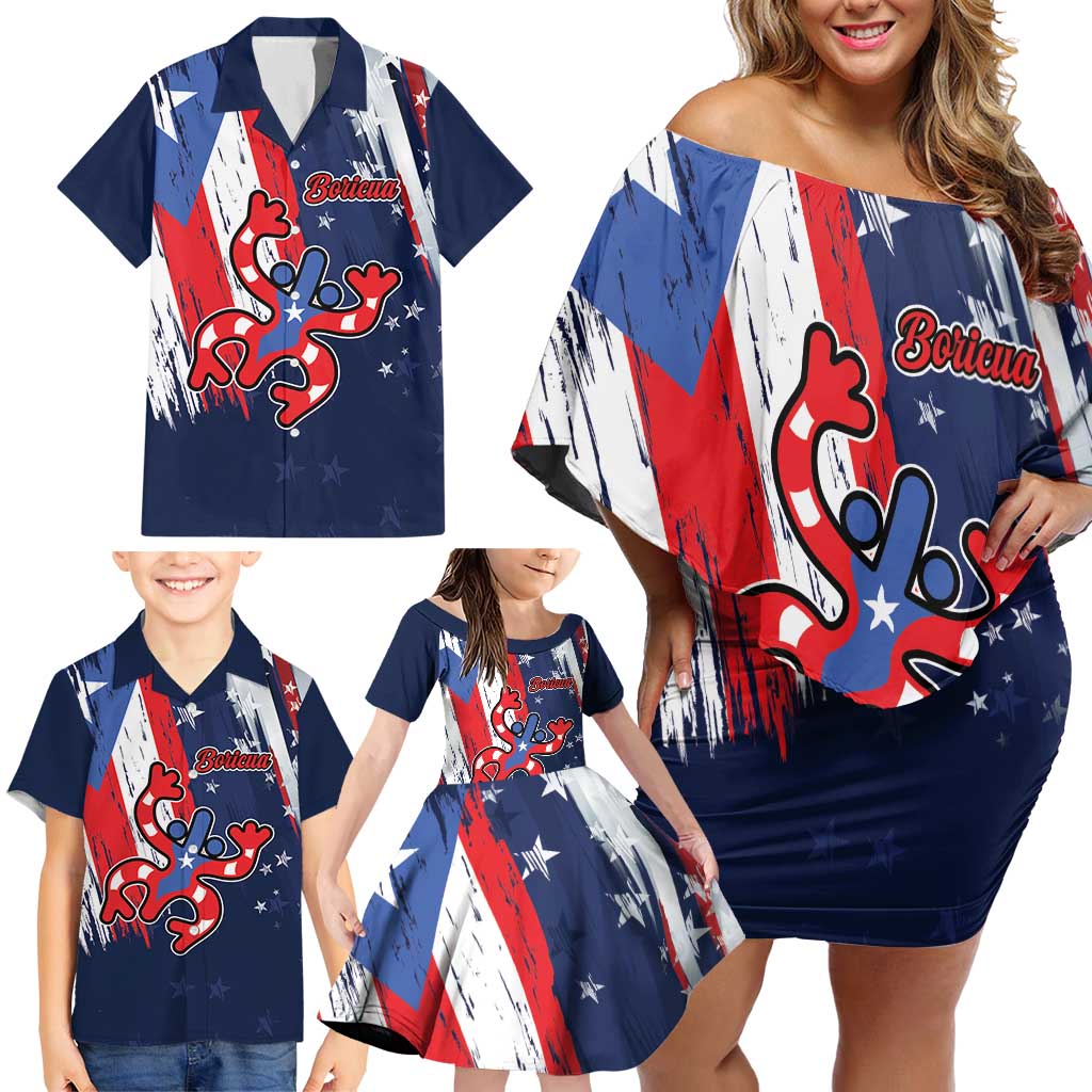 Personalized Puerto Rico American Family Matching Off Shoulder Short Dress and Hawaiian Shirt Boricua Taino Frog