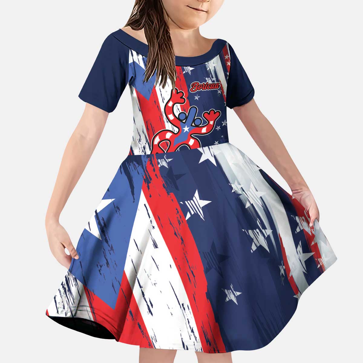 Personalized Puerto Rico American Kid Short Sleeve Dress Boricua Taino Frog
