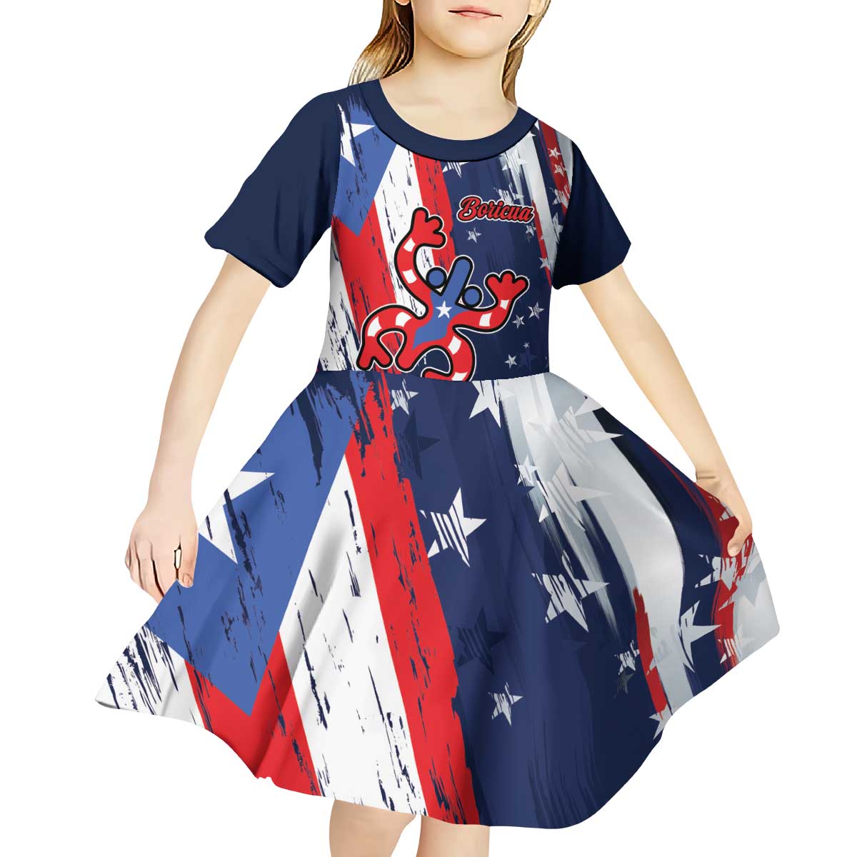 Personalized Puerto Rico American Kid Short Sleeve Dress Boricua Taino Frog