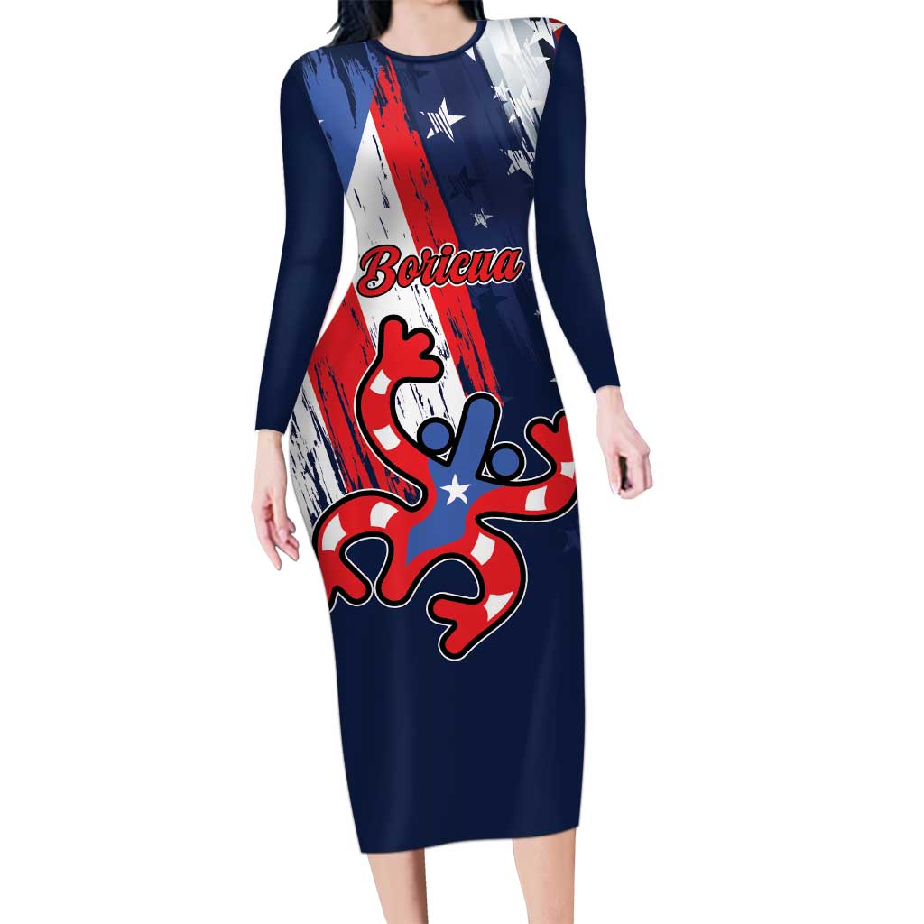 Personalized Puerto Rico American Long Sleeve Bodycon Dress Boricua Taino Frog
