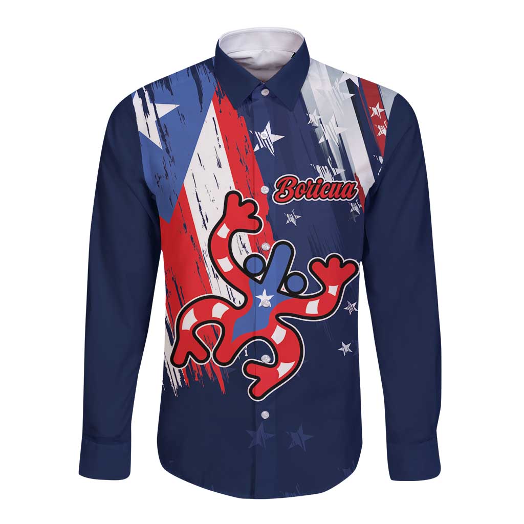 Personalized Puerto Rico American Long Sleeve Button Shirt Boricua Taino Frog