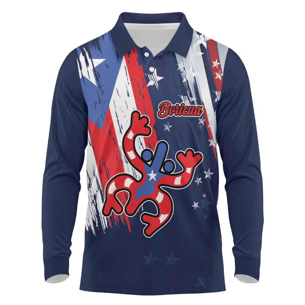 Personalized Puerto Rico American Long Sleeve Polo Shirt Boricua Taino Frog
