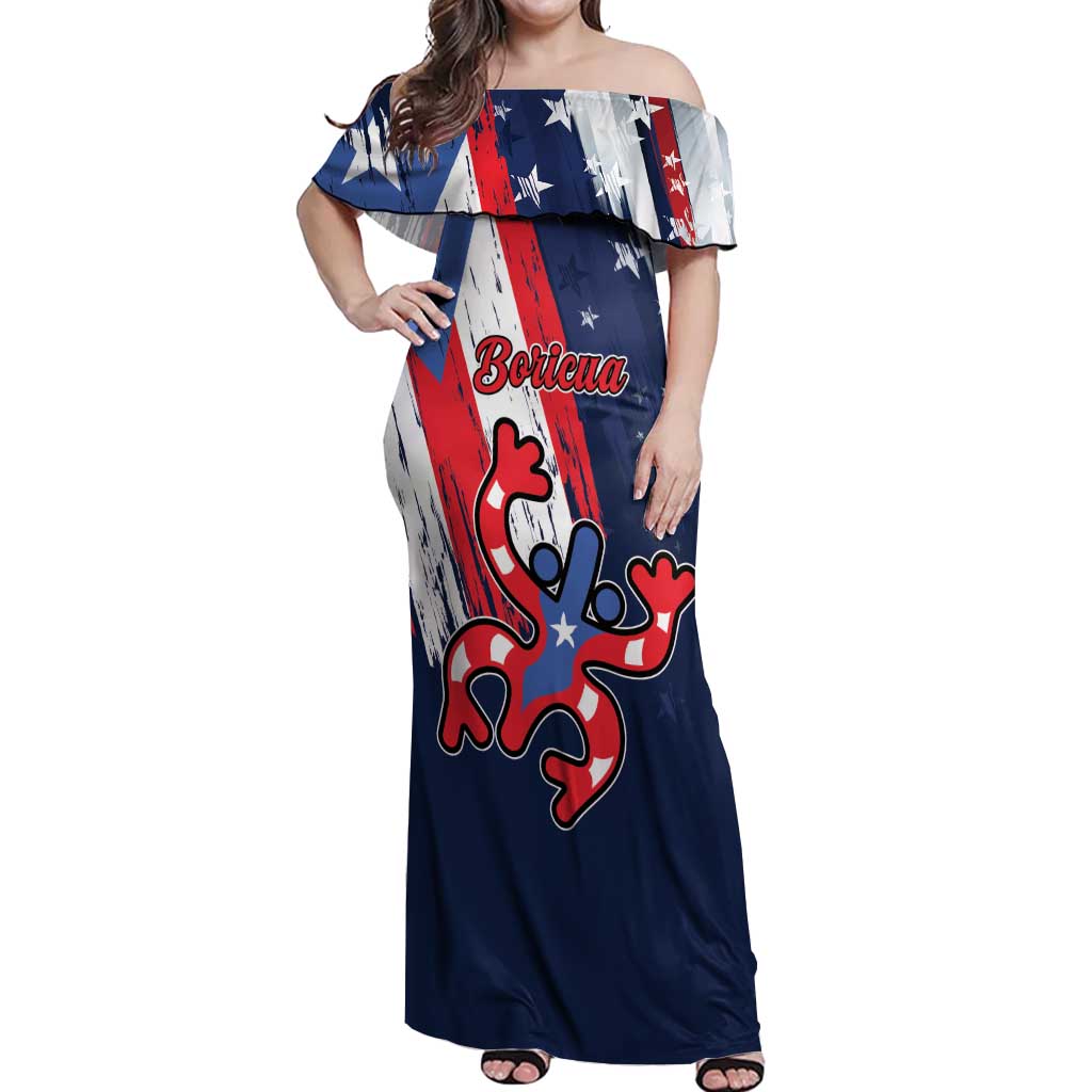 Personalized Puerto Rico American Off Shoulder Maxi Dress Boricua Taino Frog
