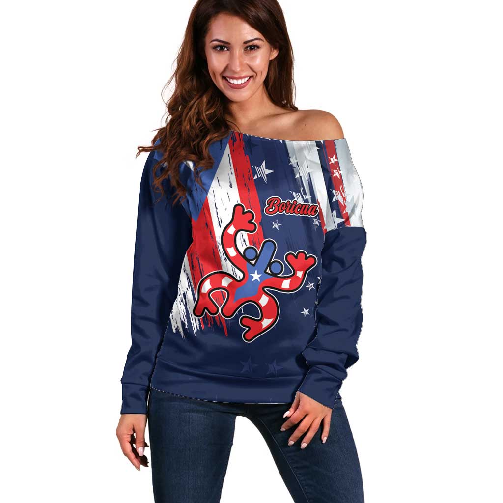 Personalized Puerto Rico American Off Shoulder Sweater Boricua Taino Frog