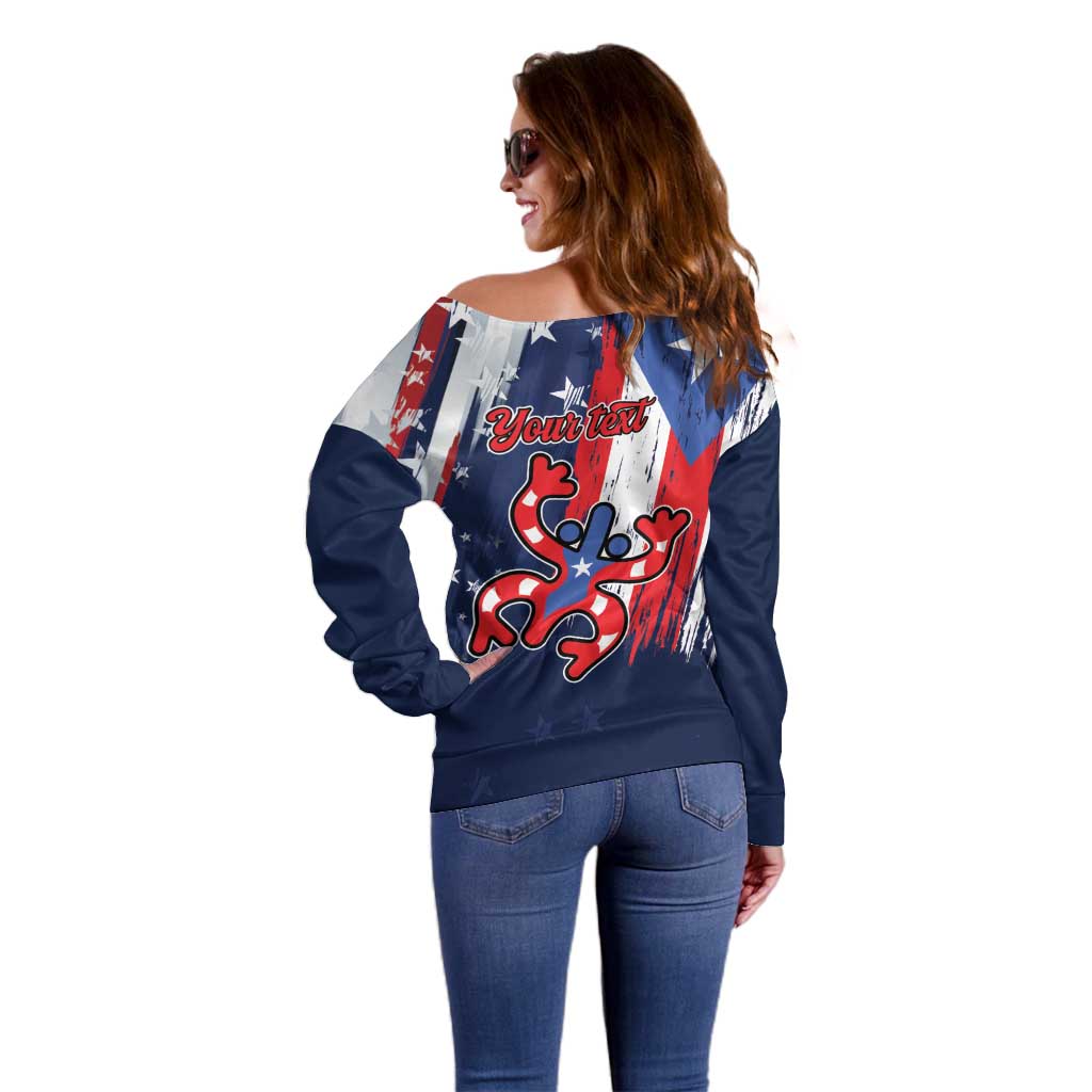 Personalized Puerto Rico American Off Shoulder Sweater Boricua Taino Frog