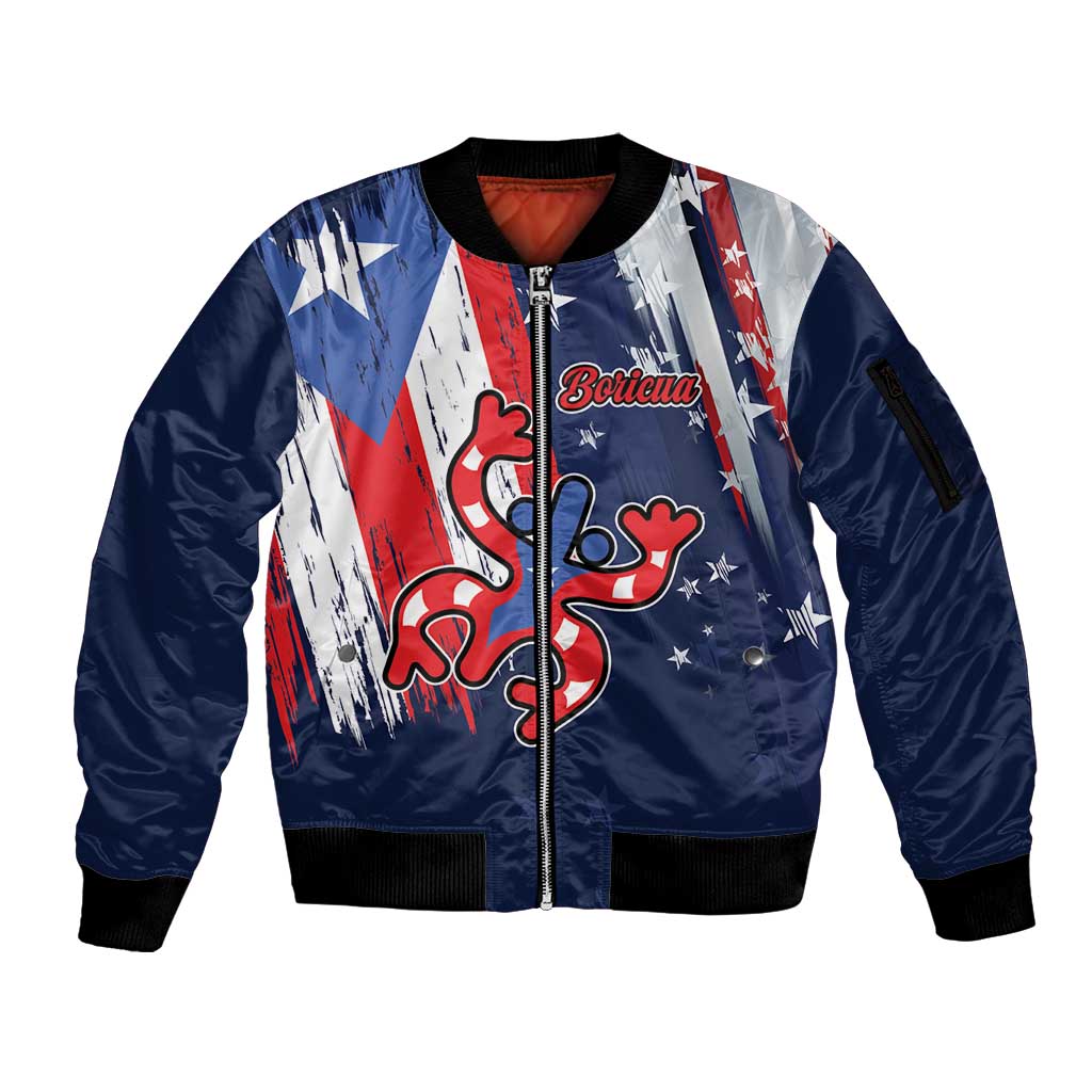 Personalized Puerto Rico American Sleeve Zip Bomber Jacket Boricua Taino Frog