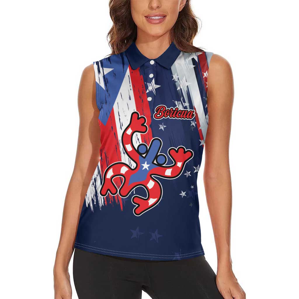 Personalized Puerto Rico American Women Sleeveless Polo Shirt Boricua Taino Frog