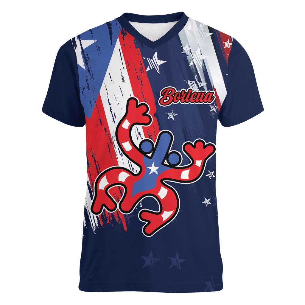Personalized Puerto Rico American Women V-Neck T-Shirt Boricua Taino Frog