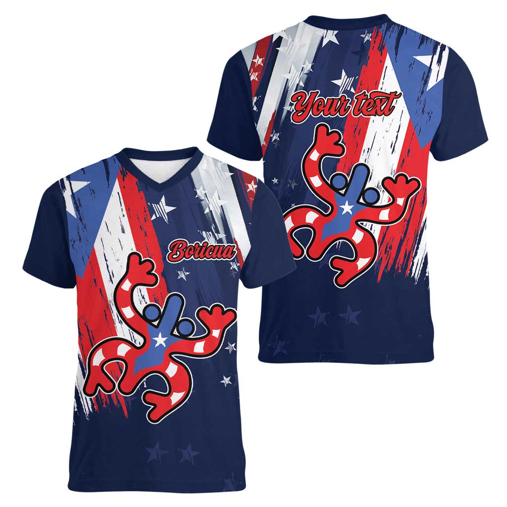 Personalized Puerto Rico American Women V-Neck T-Shirt Boricua Taino Frog