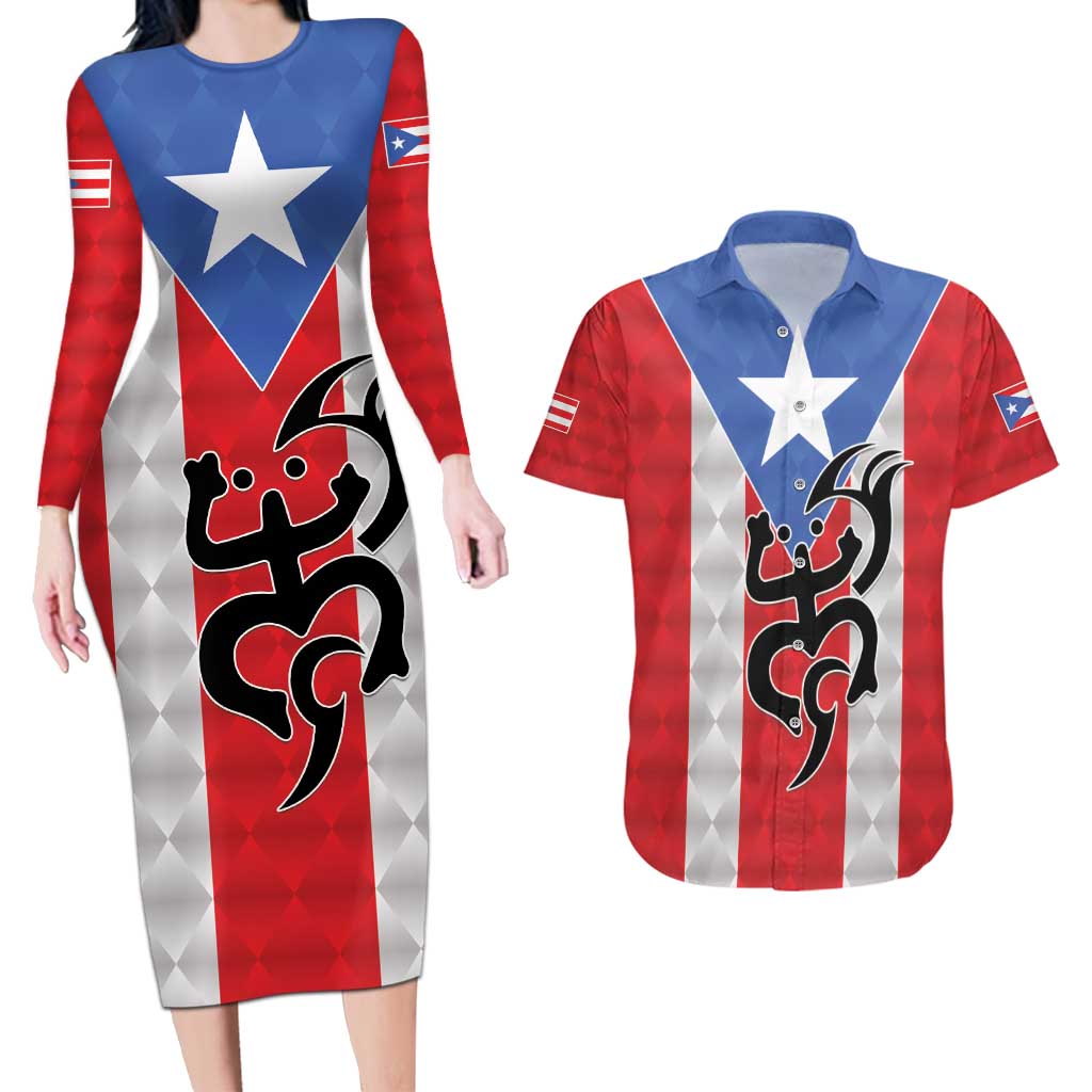Puerto Rico Football Custom Couples Matching Long Sleeve Bodycon Dress and Hawaiian Shirt Come On El Huracan Azul