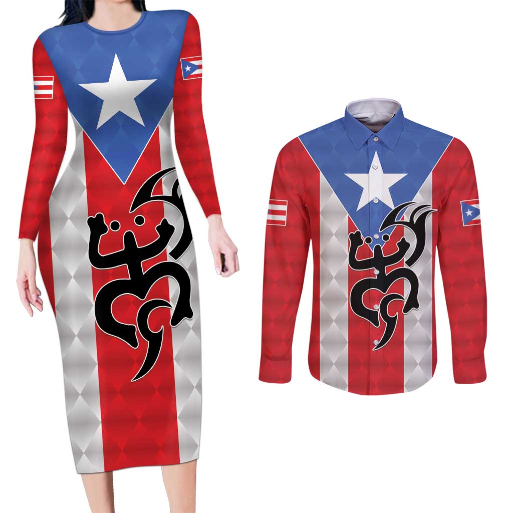 Puerto Rico Football Custom Couples Matching Long Sleeve Bodycon Dress and Long Sleeve Button Shirt Come On El Huracan Azul