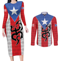 Puerto Rico Football Custom Couples Matching Long Sleeve Bodycon Dress and Long Sleeve Button Shirt Come On El Huracan Azul
