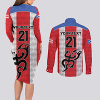 Puerto Rico Football Custom Couples Matching Long Sleeve Bodycon Dress and Long Sleeve Button Shirt Come On El Huracan Azul