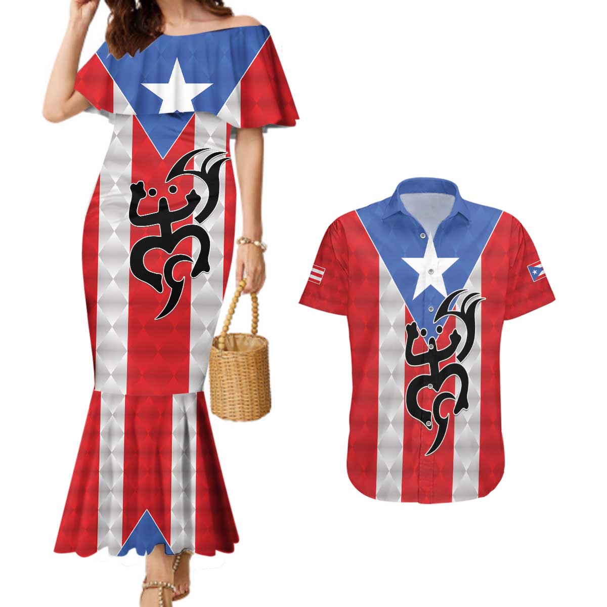 Puerto Rico Football Custom Couples Matching Mermaid Dress and Hawaiian Shirt Come On El Huracan Azul