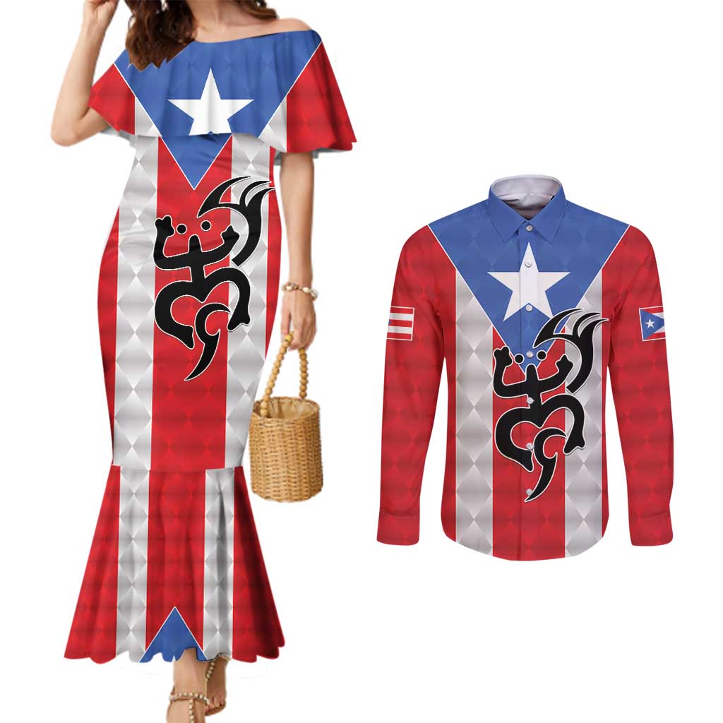 Puerto Rico Football Custom Couples Matching Mermaid Dress and Long Sleeve Button Shirt Come On El Huracan Azul