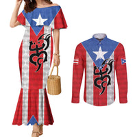 Puerto Rico Football Custom Couples Matching Mermaid Dress and Long Sleeve Button Shirt Come On El Huracan Azul