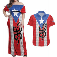 Puerto Rico Football Custom Couples Matching Off Shoulder Maxi Dress and Hawaiian Shirt Come On El Huracan Azul