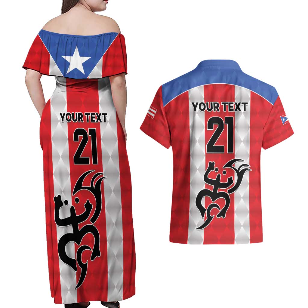 Puerto Rico Football Custom Couples Matching Off Shoulder Maxi Dress and Hawaiian Shirt Come On El Huracan Azul