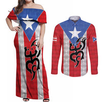Puerto Rico Football Custom Couples Matching Off Shoulder Maxi Dress and Long Sleeve Button Shirt Come On El Huracan Azul