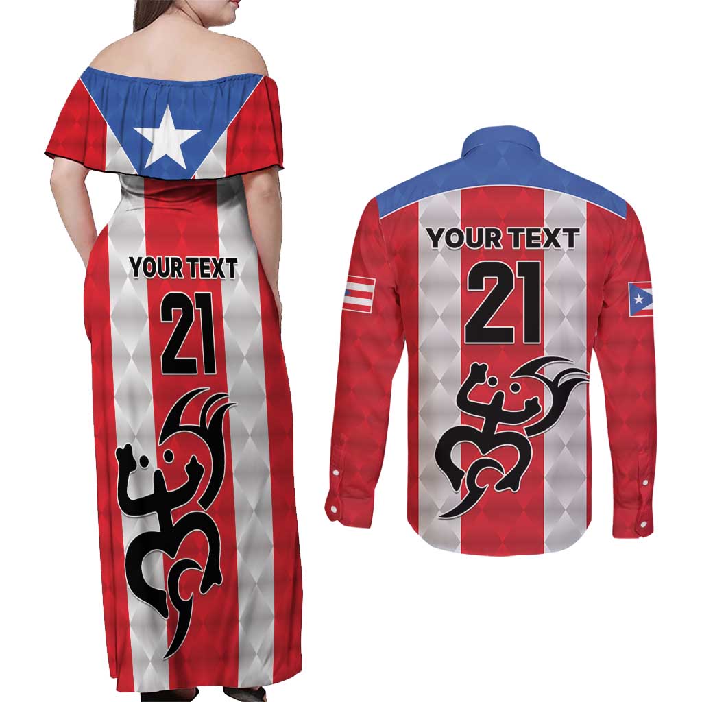 Puerto Rico Football Custom Couples Matching Off Shoulder Maxi Dress and Long Sleeve Button Shirt Come On El Huracan Azul