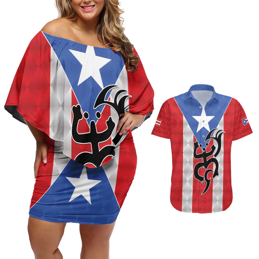 Puerto Rico Football Custom Couples Matching Off Shoulder Short Dress and Hawaiian Shirt Come On El Huracan Azul