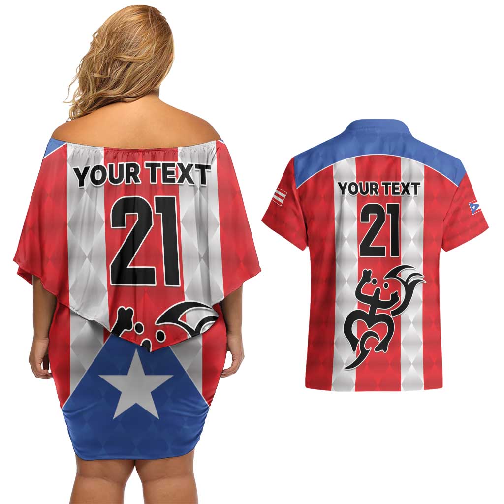 Puerto Rico Football Custom Couples Matching Off Shoulder Short Dress and Hawaiian Shirt Come On El Huracan Azul