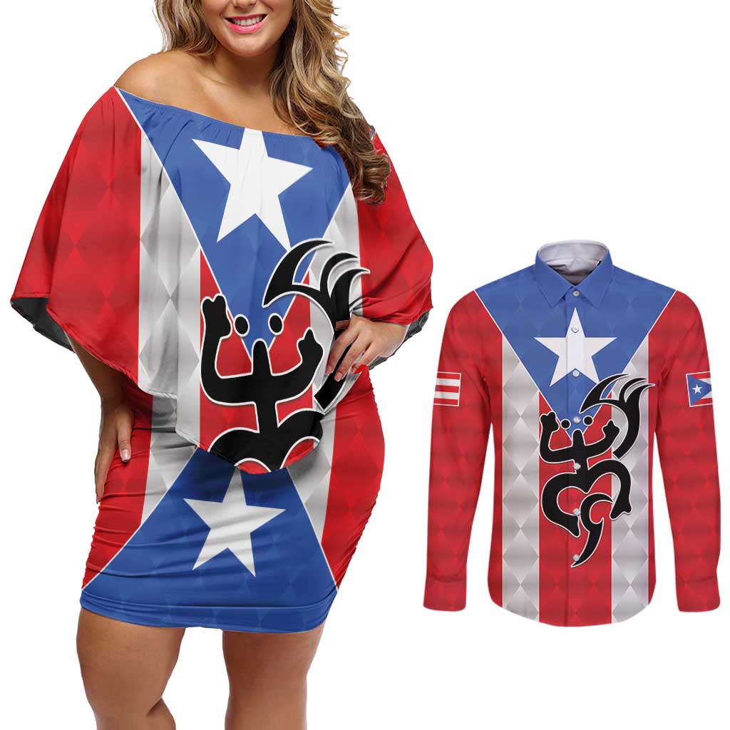 Puerto Rico Football Custom Couples Matching Off Shoulder Short Dress and Long Sleeve Button Shirt Come On El Huracan Azul