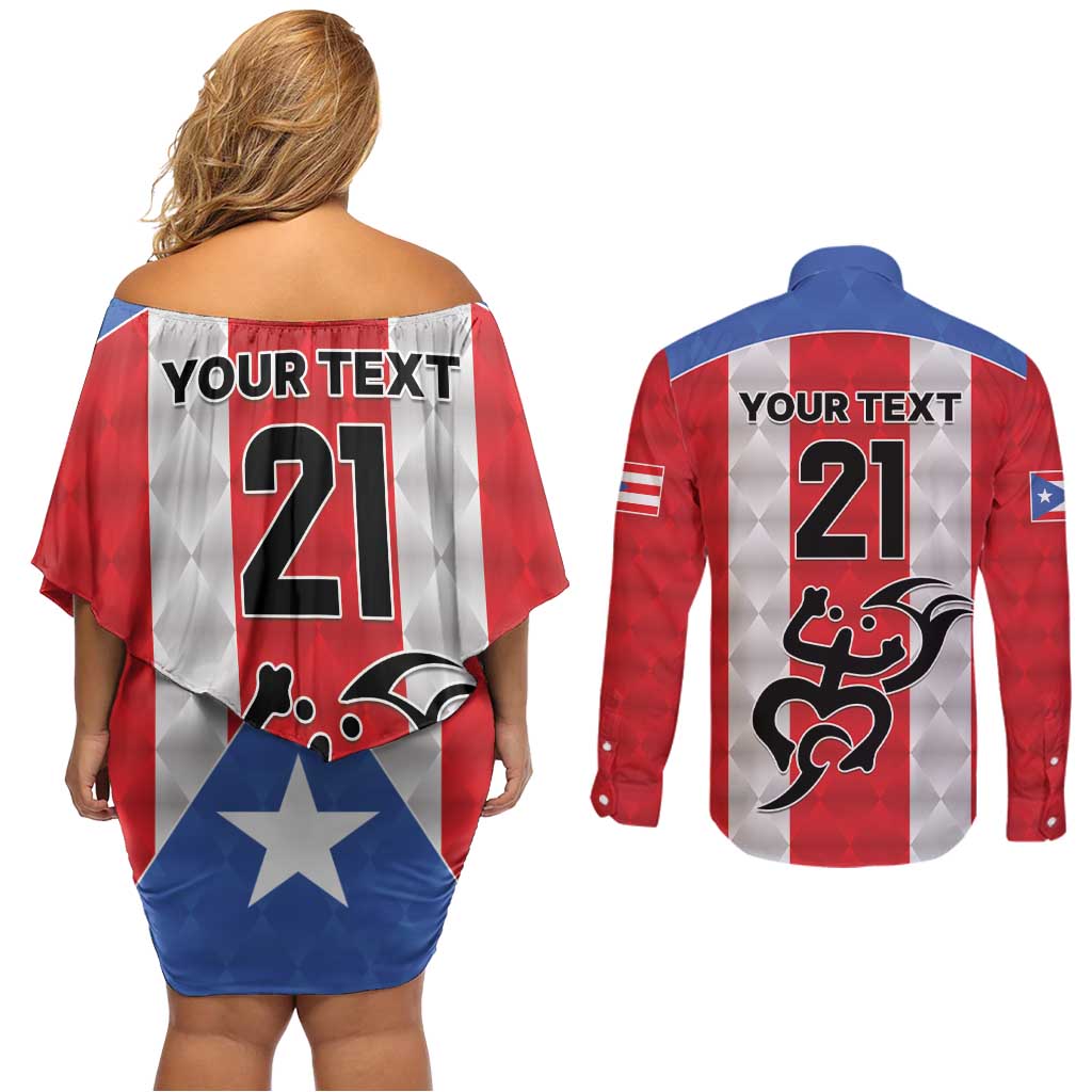 Puerto Rico Football Custom Couples Matching Off Shoulder Short Dress and Long Sleeve Button Shirt Come On El Huracan Azul