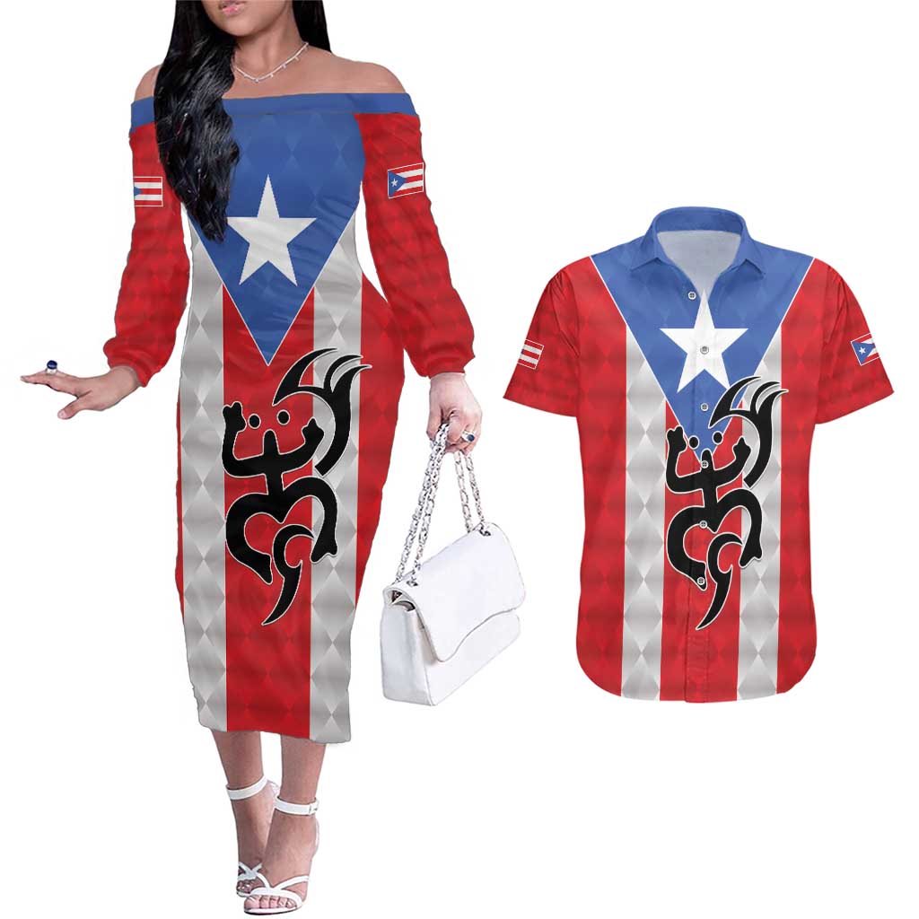 Puerto Rico Football Custom Couples Matching Off The Shoulder Long Sleeve Dress and Hawaiian Shirt Come On El Huracan Azul