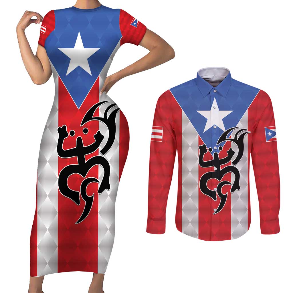 Puerto Rico Football Custom Couples Matching Short Sleeve Bodycon Dress and Long Sleeve Button Shirt Come On El Huracan Azul