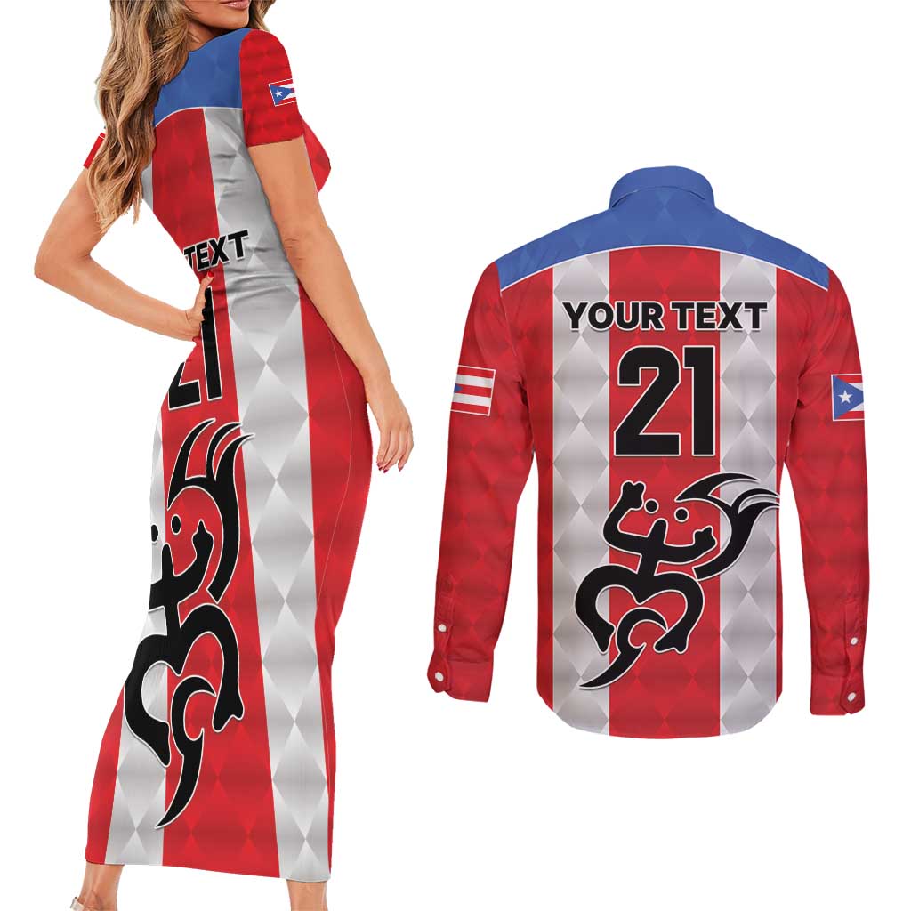 Puerto Rico Football Custom Couples Matching Short Sleeve Bodycon Dress and Long Sleeve Button Shirt Come On El Huracan Azul