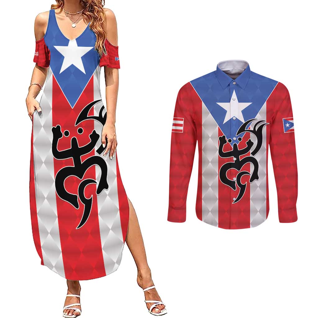 Puerto Rico Football Custom Couples Matching Summer Maxi Dress and Long Sleeve Button Shirt Come On El Huracan Azul