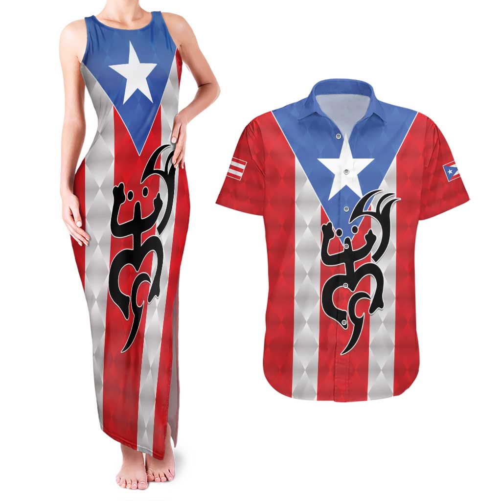Puerto Rico Football Custom Couples Matching Tank Maxi Dress and Hawaiian Shirt Come On El Huracan Azul