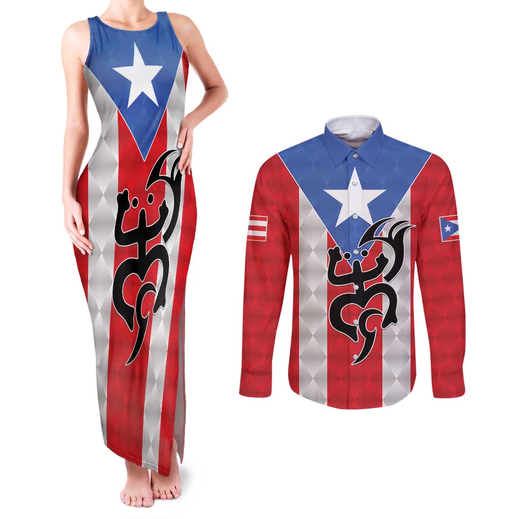 Puerto Rico Football Custom Couples Matching Tank Maxi Dress and Long Sleeve Button Shirt Come On El Huracan Azul