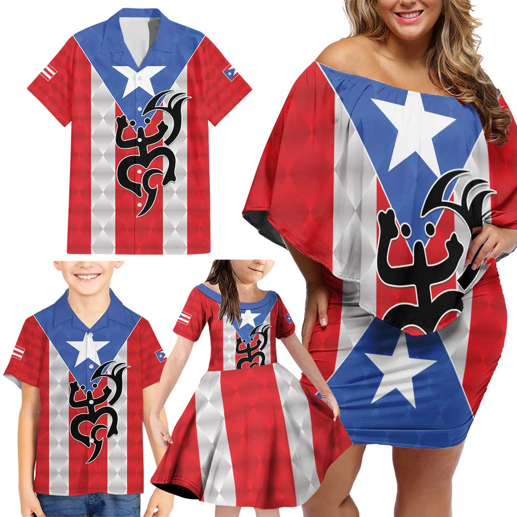Puerto Rico Football Custom Family Matching Off Shoulder Short Dress and Hawaiian Shirt Come On El Huracan Azul
