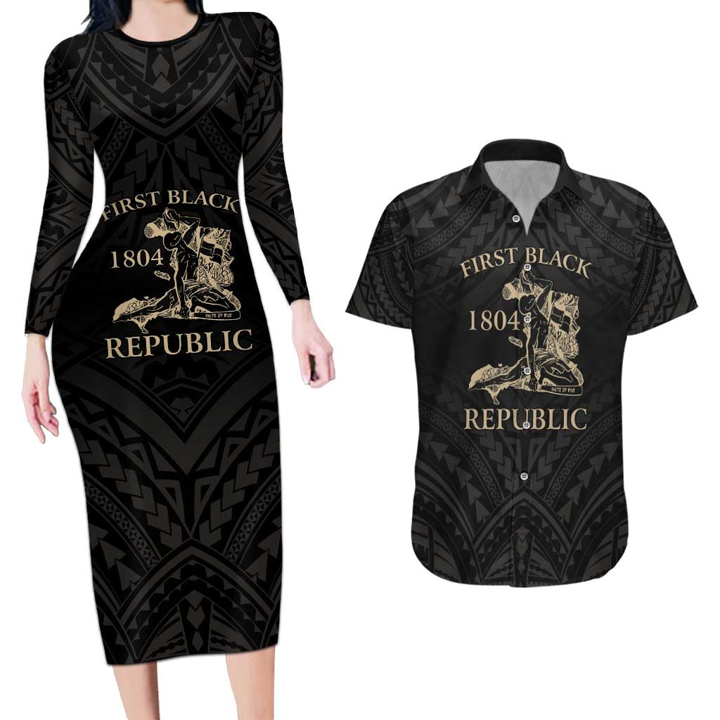 Personalized Haiti First Black Republic Couples Matching Long Sleeve Bodycon Dress and Hawaiian Shirt Negre Marron With Map And Flag