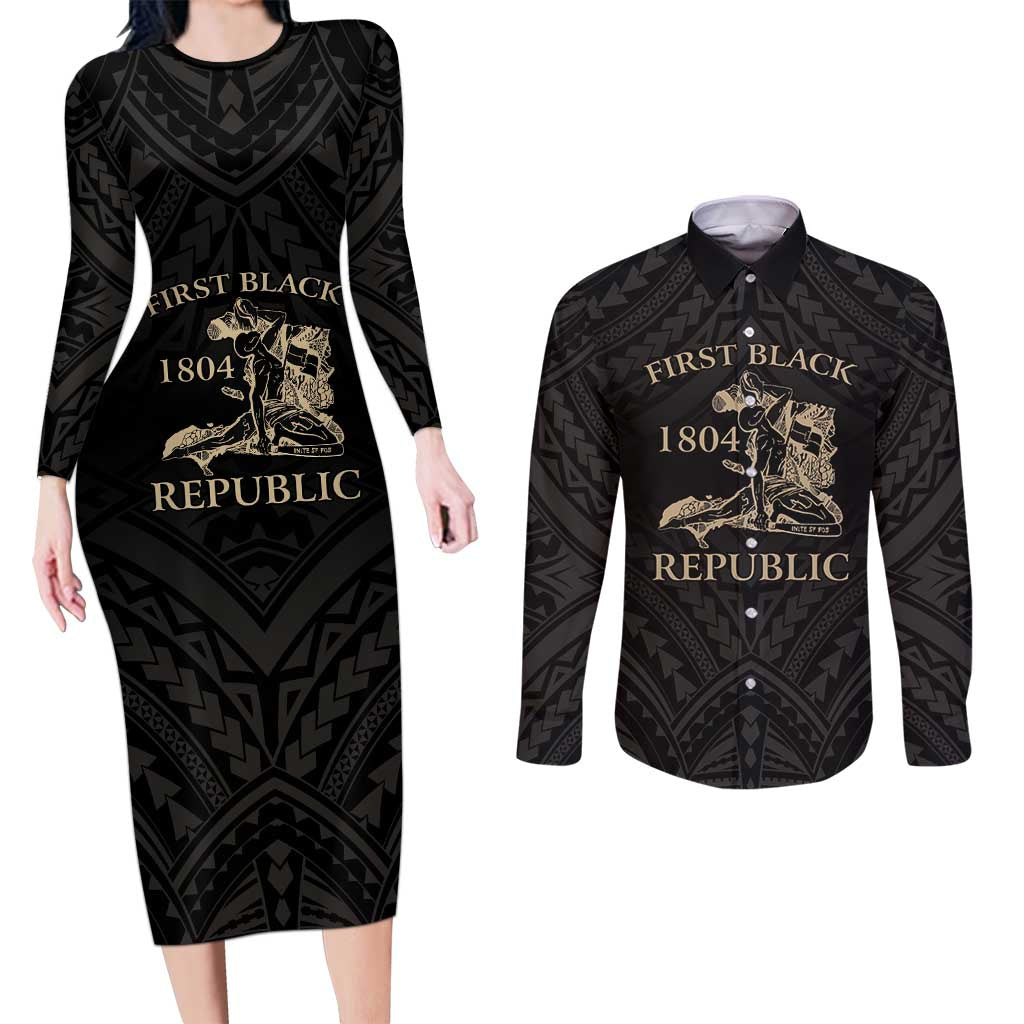Personalized Haiti First Black Republic Couples Matching Long Sleeve Bodycon Dress and Long Sleeve Button Shirt Negre Marron With Map And Flag