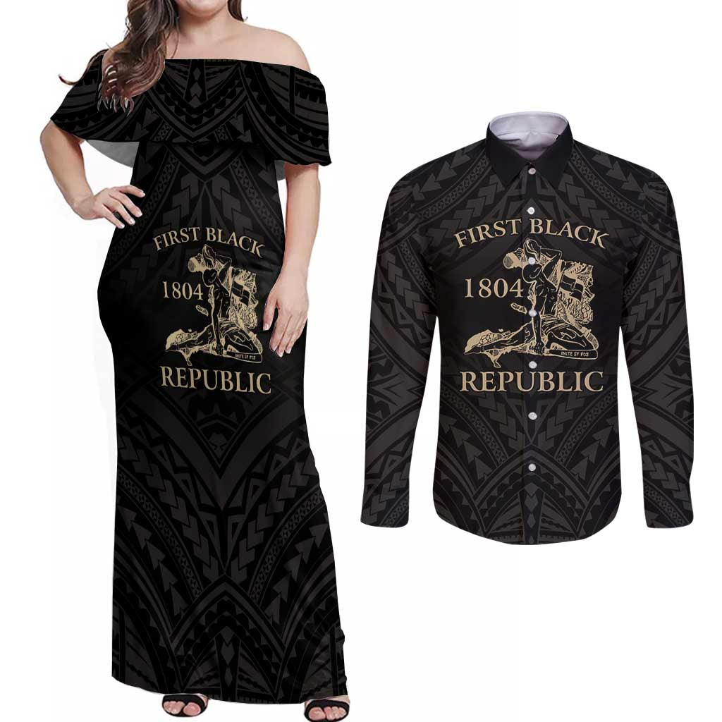 Personalized Haiti First Black Republic Couples Matching Off Shoulder Maxi Dress and Long Sleeve Button Shirt Negre Marron With Map And Flag